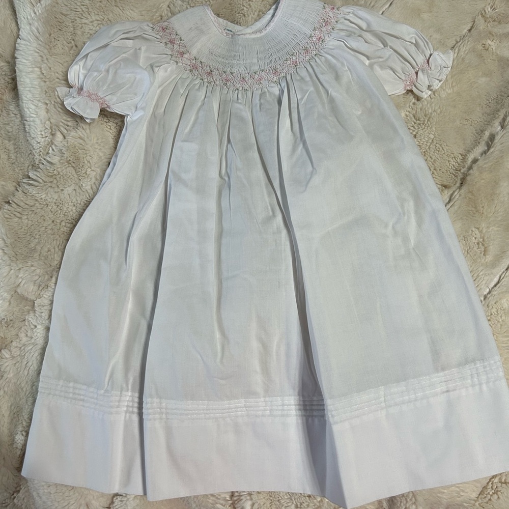 12 M smocked white dress, never worn